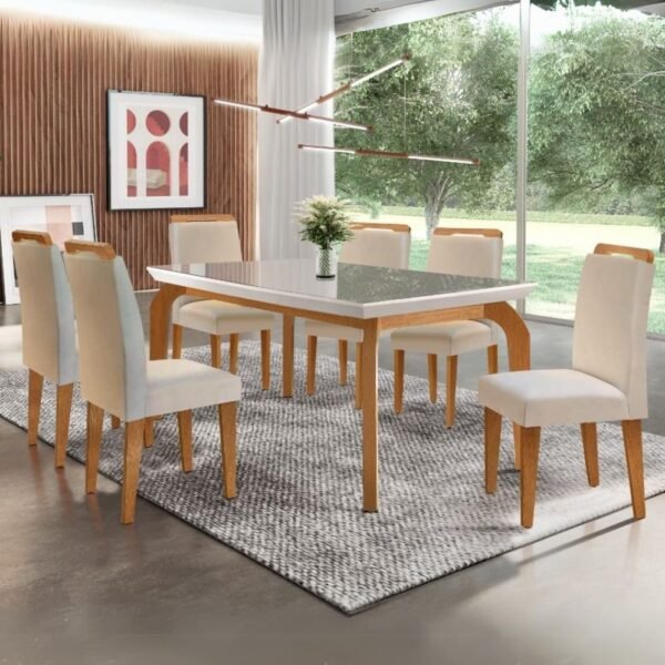 Mesa Londrina 180 Canto Reto Imbuia com 6 Cadeiras Athenas Creme – RUFATO