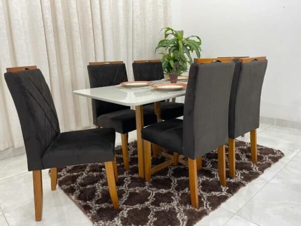 Mesa de Jantar Itália 1.60×0.80 Com 6 Cadeiras  – Cinamomo/Off White/