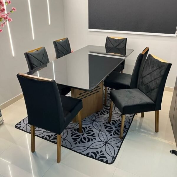 Mesa Thais 180 Cinamono/Preto com 6 Cadeiras Malu Veludo Preto – VALDEMÓVEIS + CLEFATOS DECOR