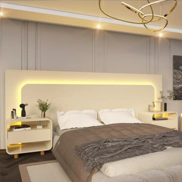 Cabeceira Box Innova 140/160/195 com LED e 2 Mesas de Cabeceira, Côr Off White, da Gelius