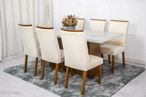 Mesa Jantar Luna Imbuia Tampo Vidro Off Canto Copo 180×90 6 Cadeiras Lunara Veludo Creme Rufato