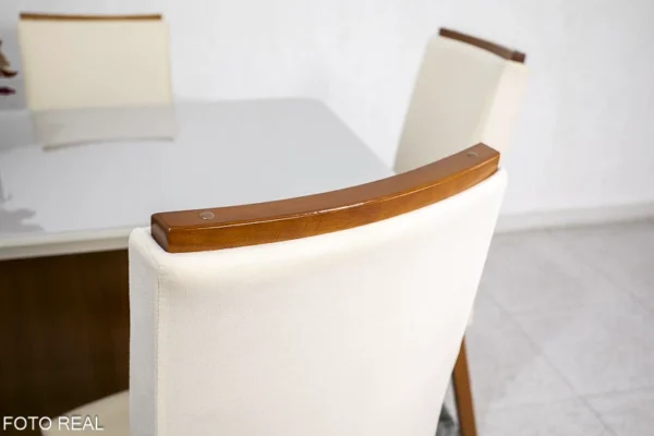 Mesa Jantar Luna Imbuia Tampo Vidro Off Canto Copo 180×90 6 Cadeiras Lunara Veludo Creme Rufato - Image 3