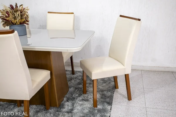 Mesa Jantar Luna Imbuia Tampo Vidro Off Canto Copo 180×90 6 Cadeiras Lunara Veludo Creme Rufato - Image 2