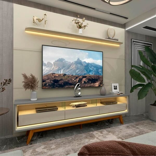 Painel Royal 220 Off White + Rack Requinte 212 Cinza/Off White – GELIUS