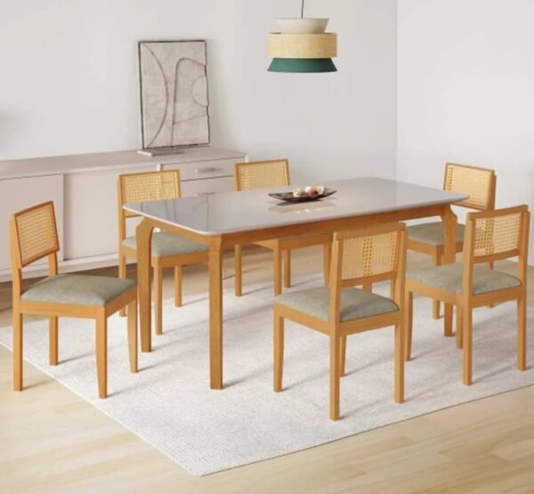 MESA DE JANTAR ALEGRA OFF WHITE COM 6 CADEIRAS TELA