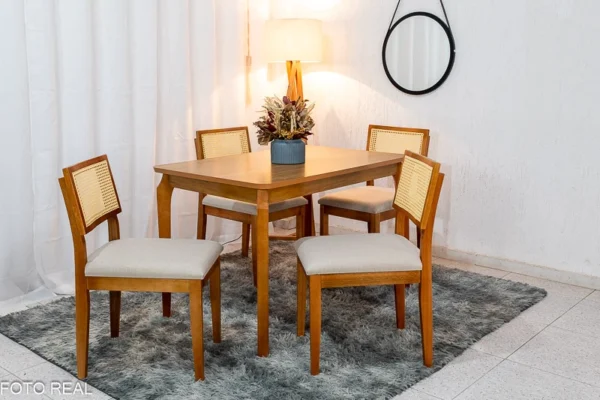 Mesa de Jantar Alegra Tampo Cinamomo 120×80 4 Cadeiras Jade Linho Bege