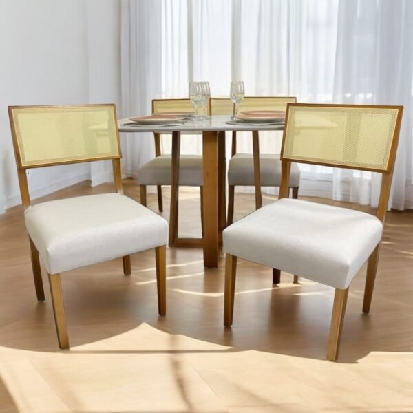 Mesa Pedro 120 Mel/Off White + 4 Cadeiras Grécia Mel/Linho Bege