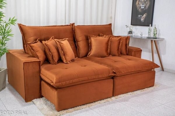 Sofá Retrátil Reclinável Ferrara Veludo Terracota D33 e Molas Ensacadas