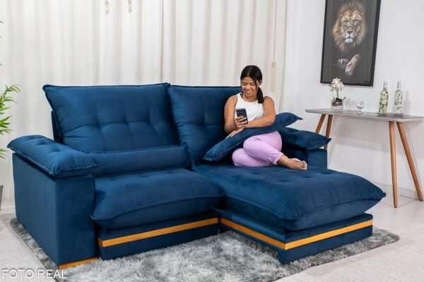 Sofá Retrátil Reclinável Ibis Veludo Azul D33 e Molas Ensacadas